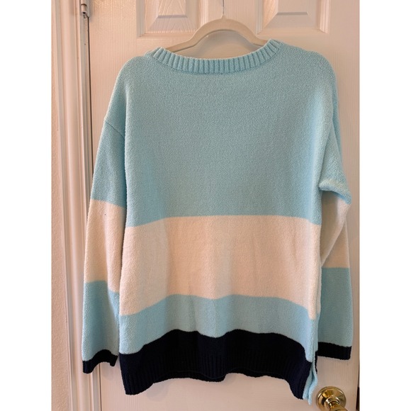 Talbots Color Block Sweater Women's Long Sleeve Button Cuff Cozy Blue White - Picture 4 of 8